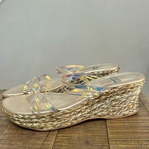 Stuart Weitzman Myopic 50 Wedge Sandals, iridescent straps espadrille wedge, 6.5